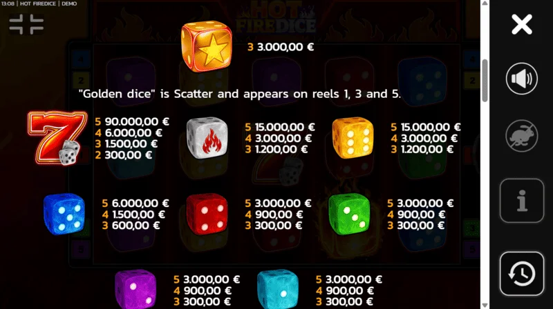 Hot Fire Dice - išmokėjimų lentelė su papildomais Wild simboliais