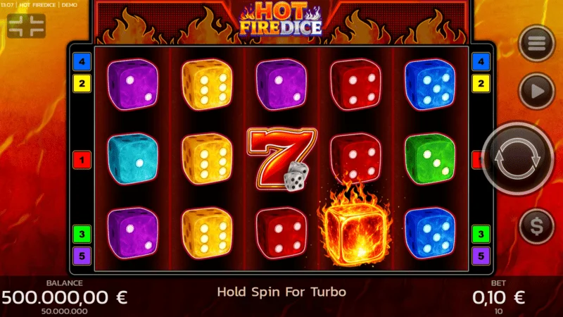 Hot Fire Dice - žaidimo ekranas su degančiais septynetais